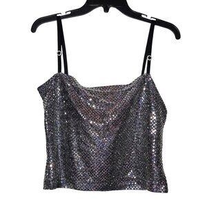 Y2K Simply Style Women Black Silver Sequin Tank Top One Size Metallic Club Sheer